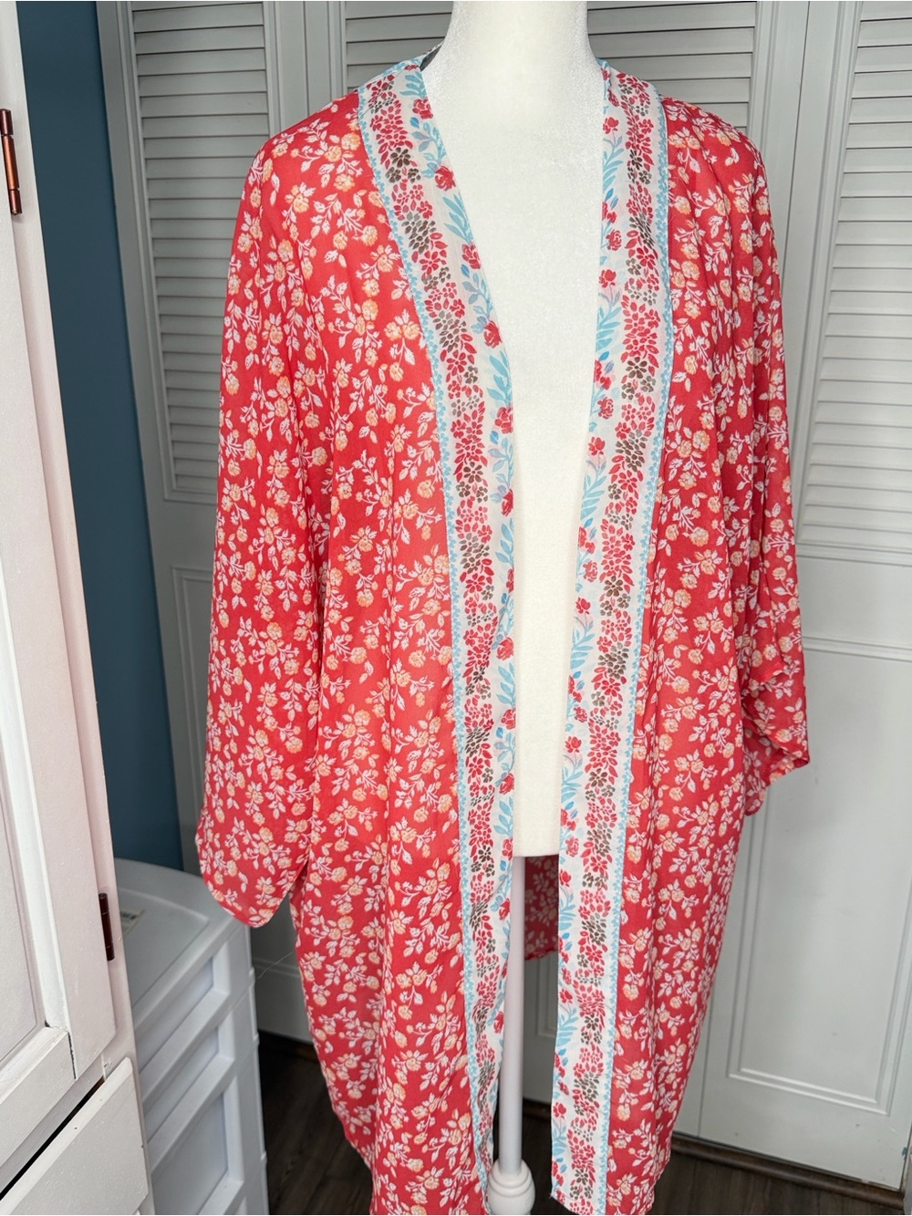 Japna Sheer Coral Red Floral Kimono with Aqua Trim